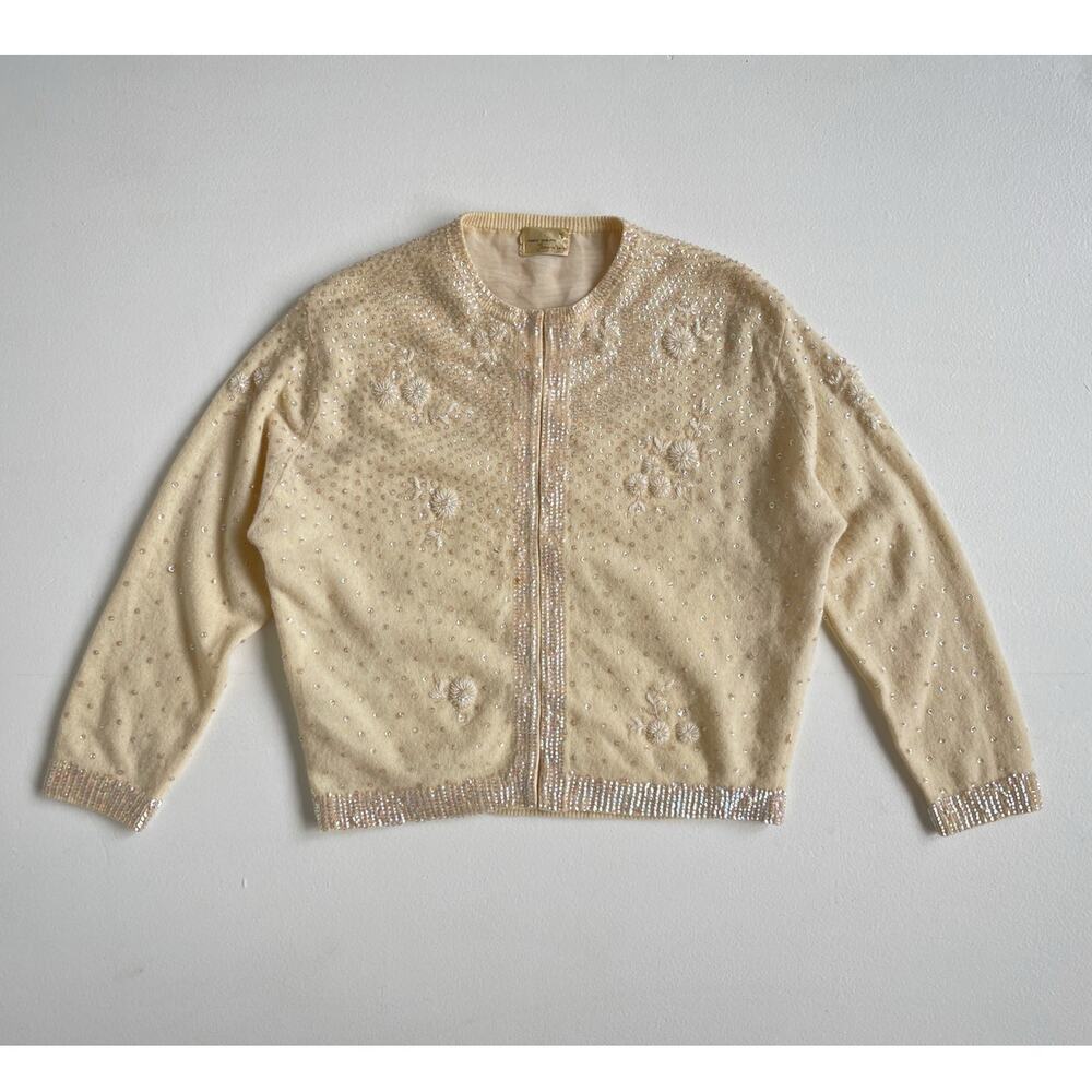 Vtg 50s 60s Ivory Beaded Floral Wool Cardigan Sweater / Sz S/M Retro Pin Up Glam